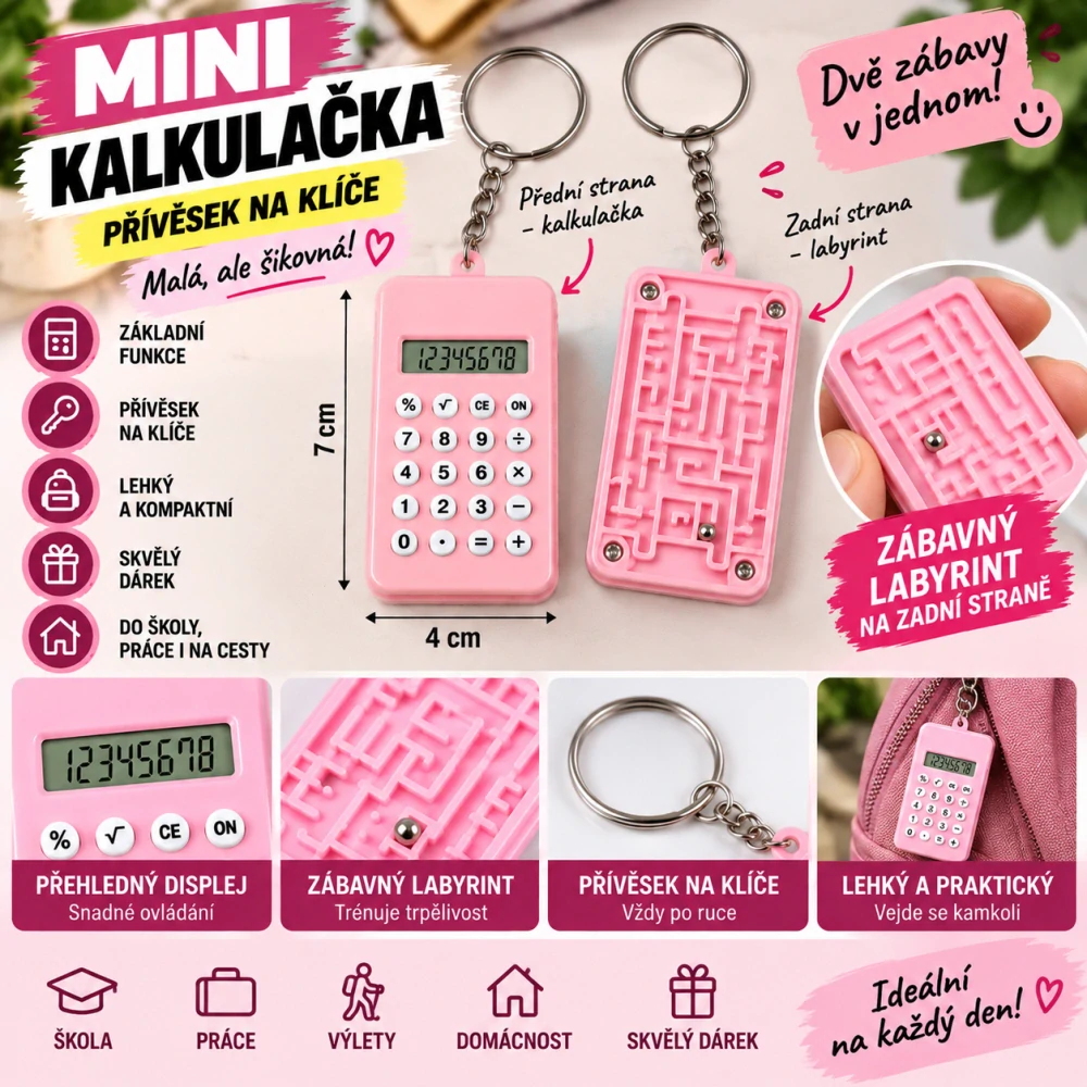 Mini kalkulačka přívěsek - růžová