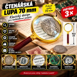 Čtenářská lupa - zlatá 70 mm